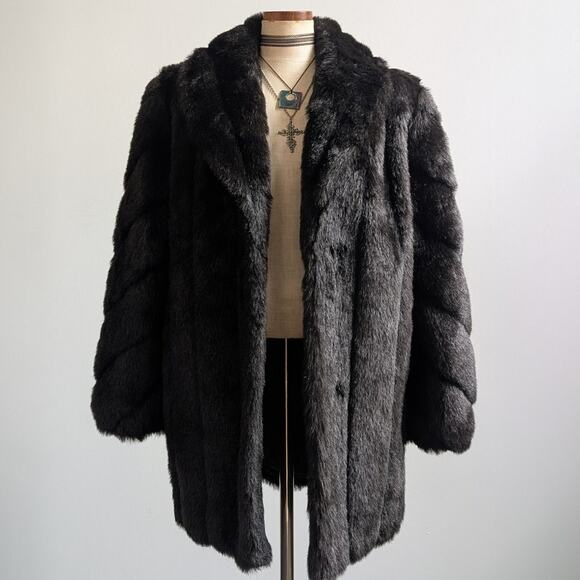 Vintage Jackets & Blazers - Vintage Black Faux Fur Coat Fur Trim Jacket Mob Wife Minimalist Goth Chic Medium